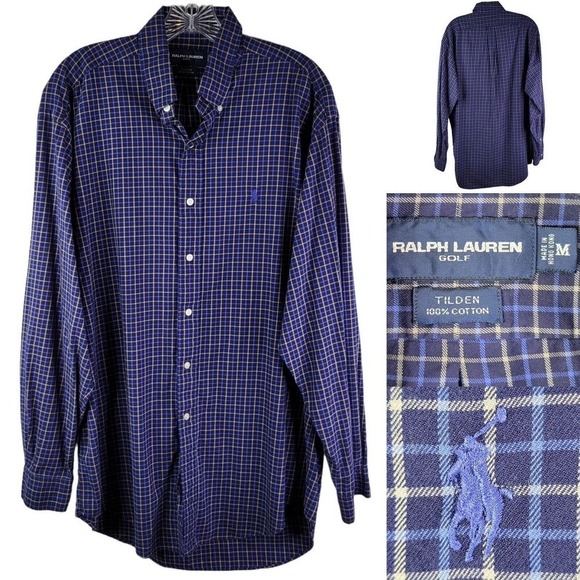 Polo Ralph Lauren Oxford Tilden Golf Mens Medium Blue Check LS Button Up Shirt - Picture 1 of 8